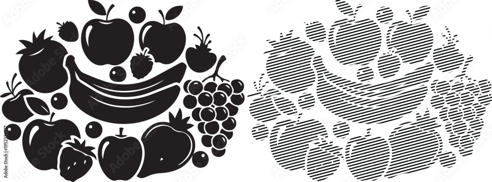 Fototapeta premium Vintage illustration of fruits arranged in stylized patterns and baskets