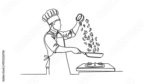 A chef cooking with a frying pan on a stove in a vector illustration
