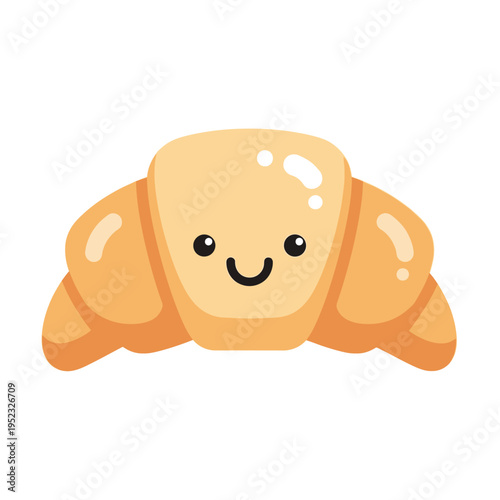 Cute Croissant Character with Smiling Face, Kawaii Pastry Icon, Vector Illustration