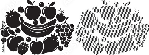 Vintage illustration of fruits arranged in stylized patterns and baskets