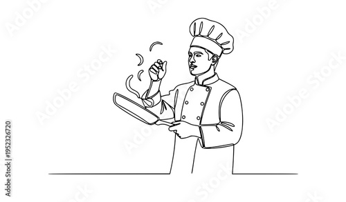 A minimalist line art illustration of a chef holding a frying pan