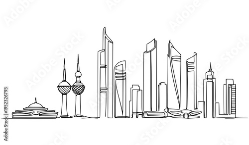 A minimalist line art illustration of a city skyline with modern skyscrapers