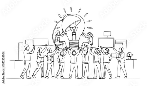 A minimalist line art illustration of a team working together to build a lightbulb