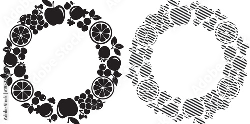 Intricate black and white wreath designs with floral and botanical motifs