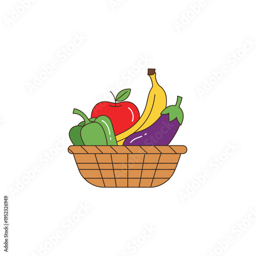 Fresh Fruit and Vegetables Basket: Apple, Banana, Eggplant, Bell Pepper