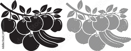 Contrast between traditional and abstract representations of plums on branches.