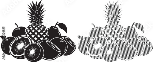 Contrasting artistic illustrations of tropical fruits and a woven basket