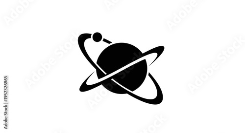 Black silhouette of a planet with rings and a moon on a white background.