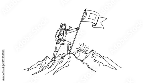 A minimalist line art illustration of a triumphant person standing on a mountain peak with a flag