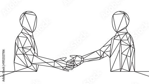 A geometric illustration of two faceless people shaking hands in a business agreement