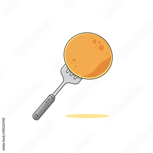 Golden Pancake on Silver Fork, Breakfast Food Illustration, Isolated White Background