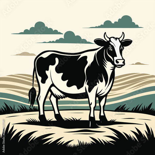The image features a cow standing in a field, with its head turned to the side. The cow is the main