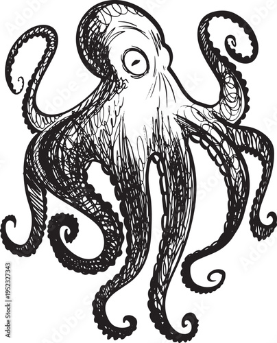 Hand-drawn black and white line art octopus illustration Gothic style curls tentacles cartoon octopus character children's book simple graphics social media post minimalist design spot sticker print