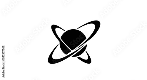 Black graphic illustration of a planet with rings on a white background