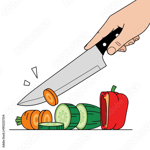 Hand Chopping Fresh Vegetables with Knife: Carrots, Cucumber, Bell Pepper