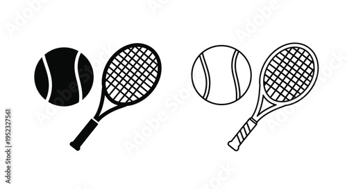 Tennis equipment illustration featuring balls and rackets in black and white
