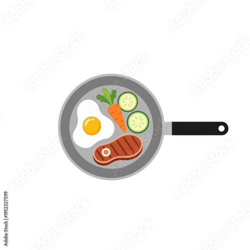 Healthy Breakfast Meal: Fried Egg, Steak, Carrot, and Cucumber Slices in Frying Pan