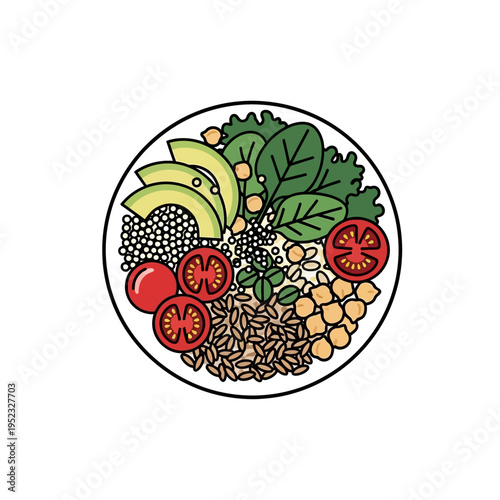 Healthy Buddha Bowl - Fresh Ingredients, Flat Design Illustration