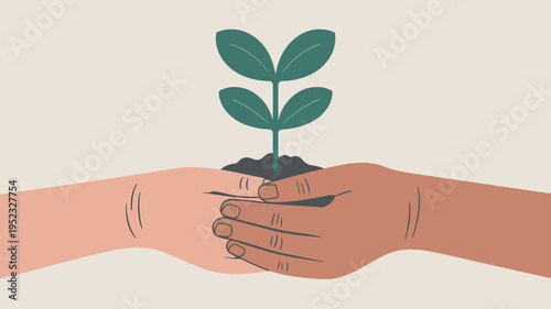 Two hands holding a small plant with green leaves and soil, symbolizing growth and harmony