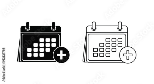 Two calendar icons with a plus sign one filled and one outlined