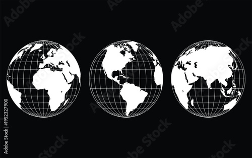 Three white globe maps with latitude and longitude grid lines