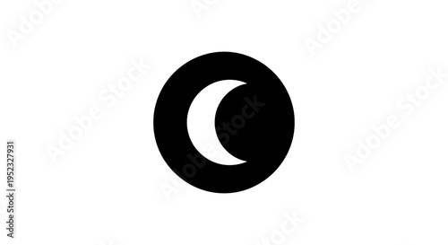 Simple black and white graphic of a crescent moon shape in a circle on a white background