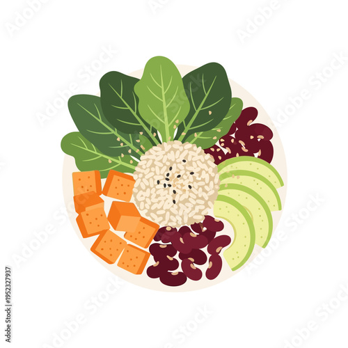 Healthy poke bowl with brown rice, avocado, sweet potato, spinach, and kidney beans, flat lay