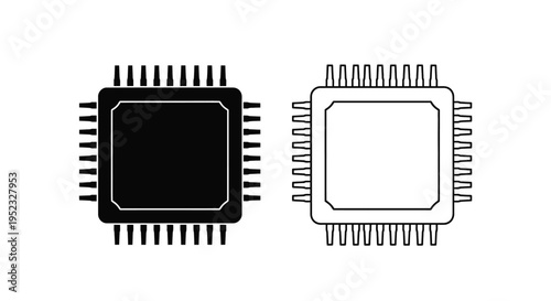 Two microchip icons one black and one white illustrate electronic components