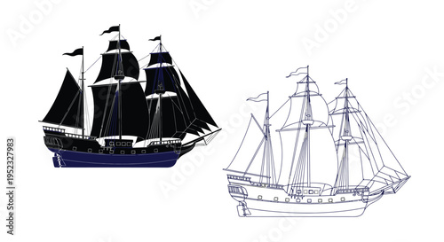 Detailed illustration of two historic sailing ships side by side
