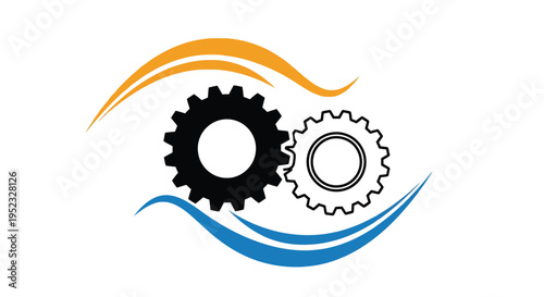 Abstract logo featuring gears waves and swooshes in black orange and blue