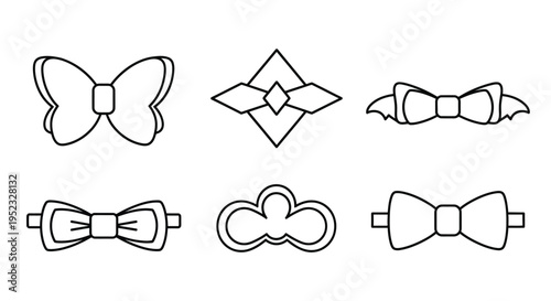 Collection of linear bow and ribbon illustrations in black and white