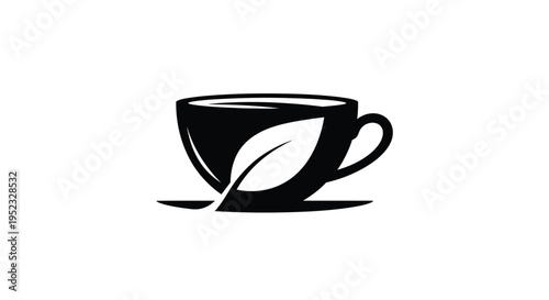 A simple black and white illustration of a teacup with a leaf