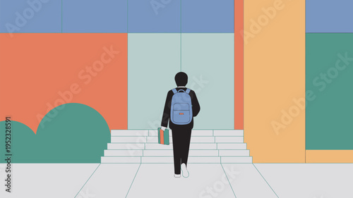 A student walking up stairs with a backpack and books in a colorful modern building