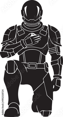 Astronaut silhouette kneeling vector illustration line art sci fi