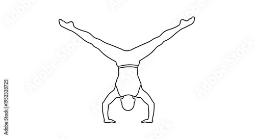 Simple line drawing depicts a person performing a handstand pose
