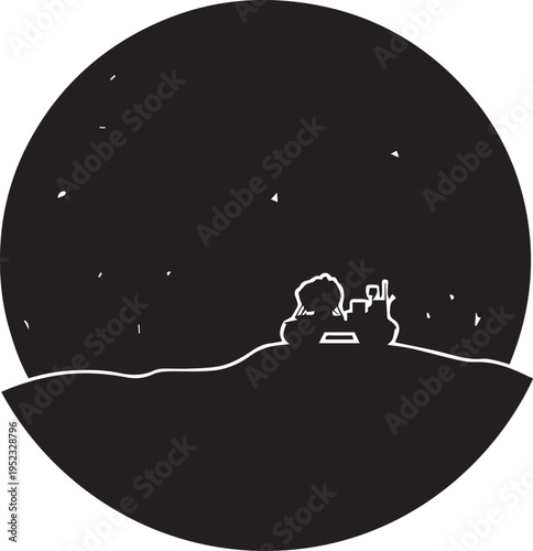 Moon landscape vector silhouette illustration, detailed line art of rover and stars