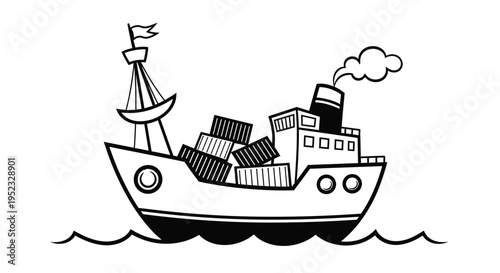 Simple line drawing of a cargo ship sailing on wavy water