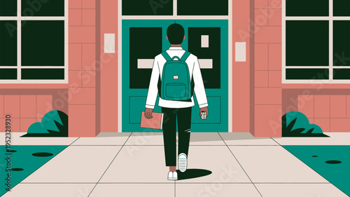 A student walks towards the entrance of a school building with a backpack and book in hand.