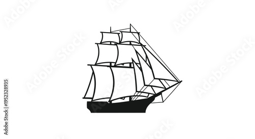 Simple black and white line drawing of a tall sailing ship