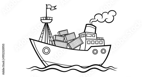 Simple line drawing of a cargo ship with containers at sea
