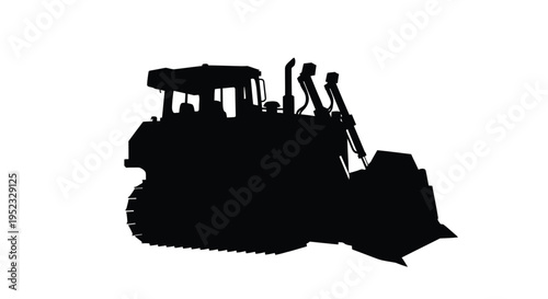 Silhouette of a heavy duty bulldozer against a clean white background