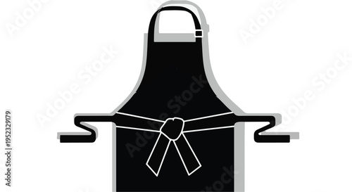 Black kitchen apron with tied bow knot illustration on white background.