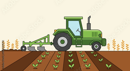 Green tractor plowing a field with newly planted crops. Wheat stalks on the side