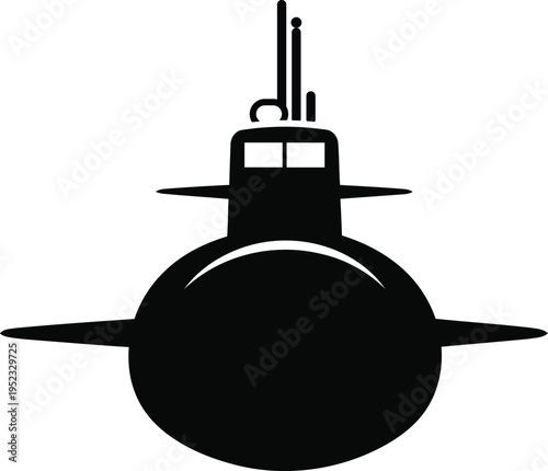 A black silhouette of a submarine with conning tower and periscope against a white background