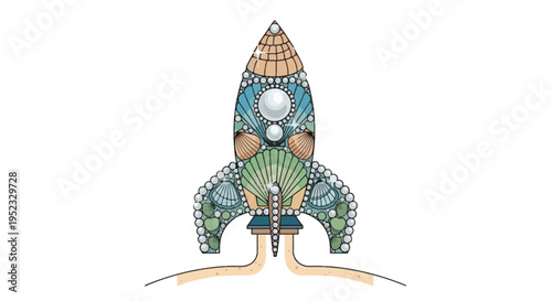 Whimsical illustration of a rocket ship adorned with shells, pearls, and jewels on a white background