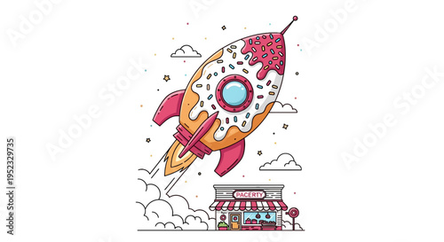 A dessert-themed rocket blasts off above a shop, surrounded by stars and clouds