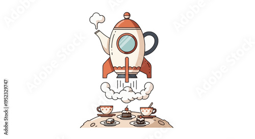 Whimsical image of a teapot shaped rocket taking off, tea party on a lunar surface
