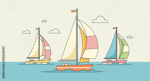 Vector illustration of three colorful sailboats on the ocean with clouds above