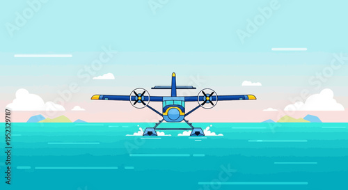 A seaplane with propellers in the water, splashes form beneath it. Blue, yellow, and white colors used