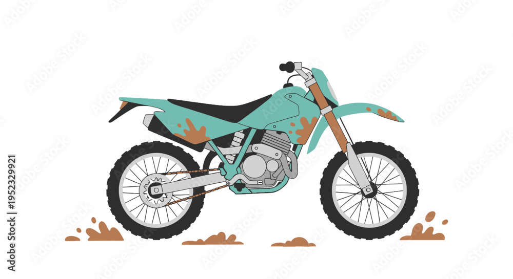 Fototapeta premium A teal and black off-road motorcycle with mud splatter, isolated on a white background